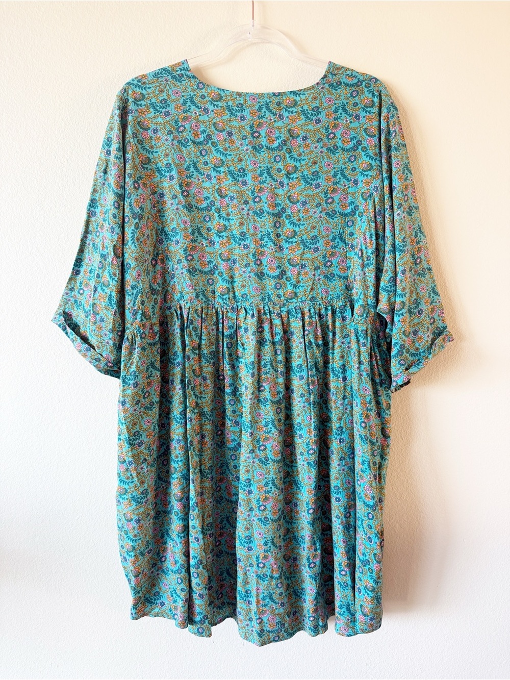 Natural Life XL Floral Boho Babydoll Dress Teal Pockets Oversized Cottagecore - Picture 7 of 12